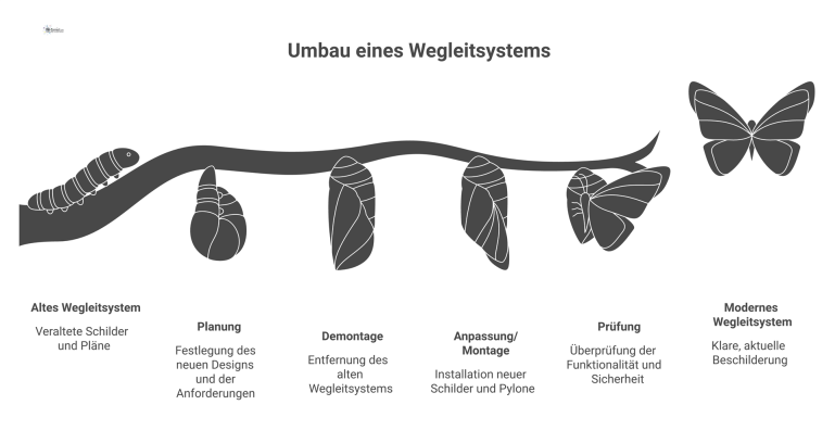 Prozess Umbau eines Wegleitsystems Infografik zum Prozess des Umbaus eines Wegleitsystems in vier Schritten, von der Planung bis zur abschließenden Prüfung.