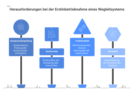 Diagramm der Erstinbetriebnahme eines Wegleitsystems, bei der ein Techniker systematisch alle Komponenten wie Schilder, Anzeigen und Notbeleuchtung prüft.
