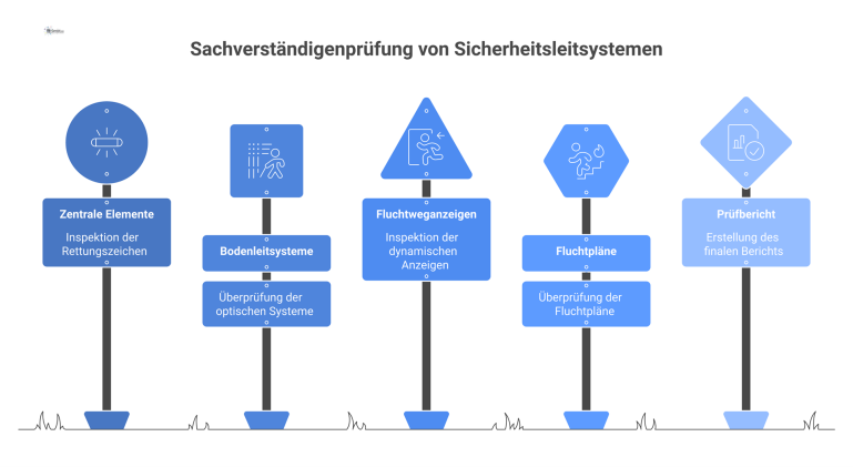 Infografik zur Sachverständigenprüfung eines Sicherheitsleitsystems in einem Sonderbau mit den Schritten Prüfung, Funktionskontrolle, Analyse und finalem Prüfbericht.