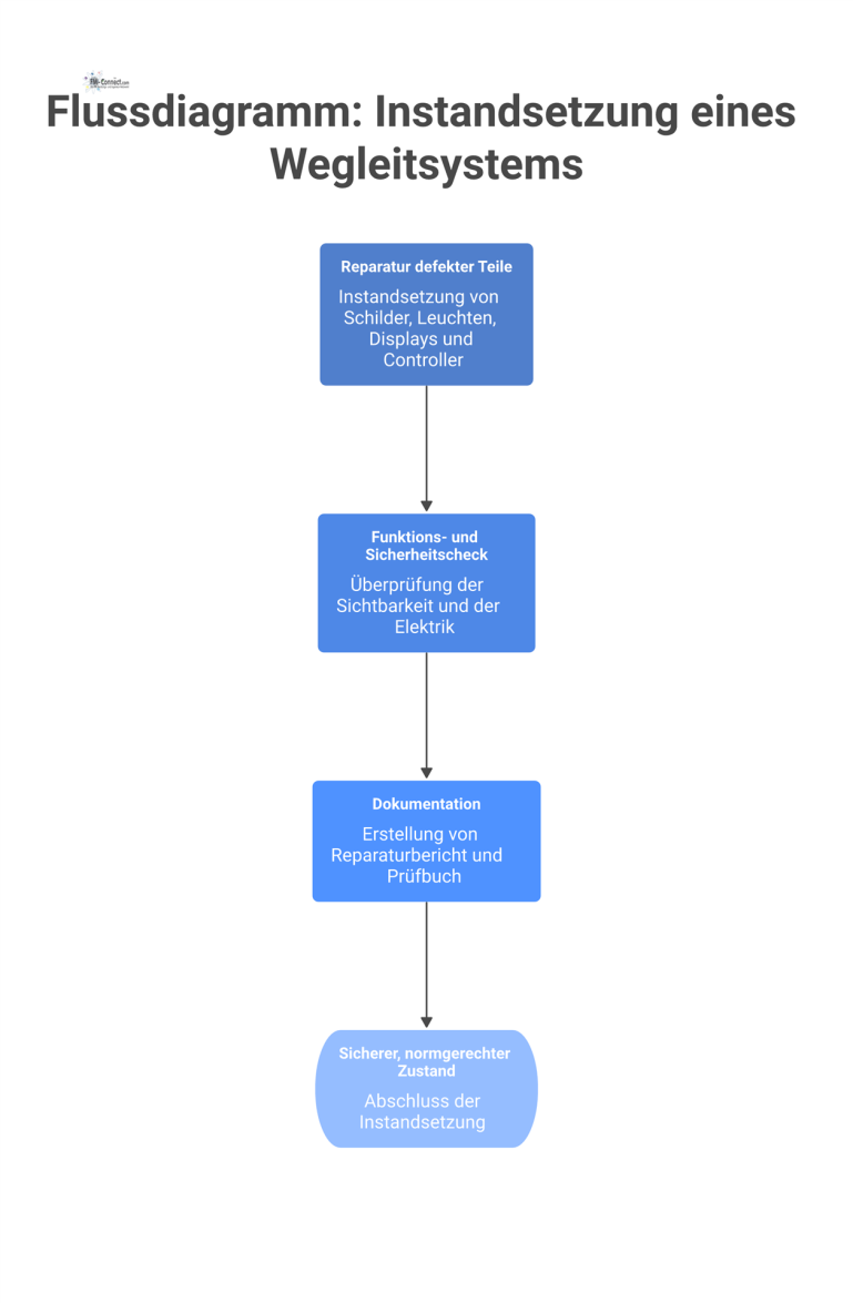 Flussdiagramm, das den Prozess der Instandsetzung eines Wegleitsystems darstellt, von der Reparatur über den Funktionscheck bis zur abschließenden Dokumentation. 