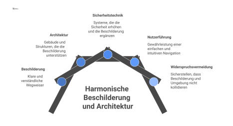 Diagramm, das die Abstimmung von Beschilderung, Türen und Barrieren mit Architektur und Sicherheitstechnik zur klaren Nutzerführung zeigt. 