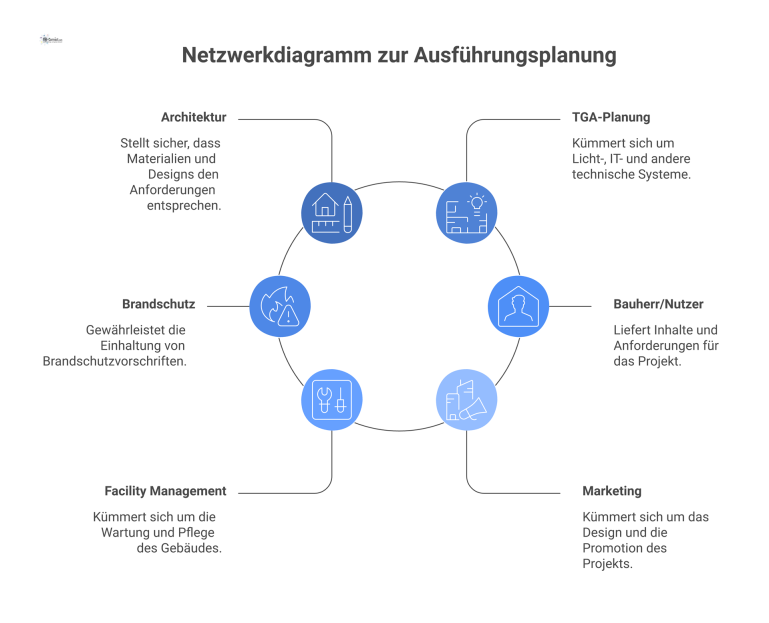 Netzwerkdiagramm der Ausführungsplanung, das die 'Projekt-Koordination' als zentralen Knoten mit sechs Stakeholdern wie Architektur und TGA-Planung verbindet.