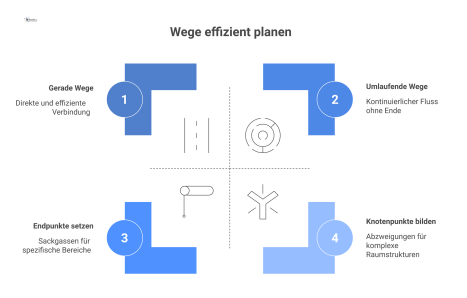 Diagramm in Draufsicht, das vier Wegführungsarten zeigt: einen geraden Korridor, eine T-Kreuzung, einen Ringgang und eine Sackgasse. 