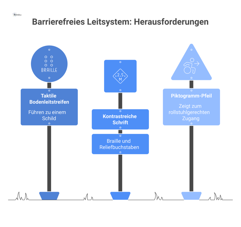 Infografik: Barrierefreies Leitsystem Isometrische Infografik eines barrierefreien Leitsystems in einem Korridor mit taktilen Bodenstreifen und einem Schild mit Braille-Schrift.