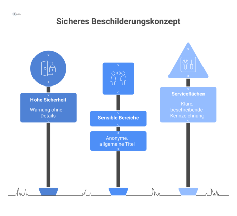 Infografik eines sicheren Beschilderungskonzepts, das drei Kategorien visualisiert: hohe Sicherheit, sensible Bereiche und Serviceflächen mit jeweiligen Kennzeichnungsbeispielen.