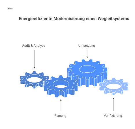  Flussdiagramm mit vier Phasen zur energieeffizienten Modernisierung eines Wegleitsystems: Audit & Analyse, Planung, Umsetzung und abschließende Verifizierung der Gewinne. 