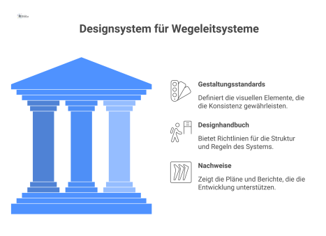 Eine Infografik, die ein Designsystem für Wegeleitsysteme visualisiert und die drei Hauptbereiche Gestaltungsstandards, Designhandbuch sowie Nachweise klar darstellt. 
