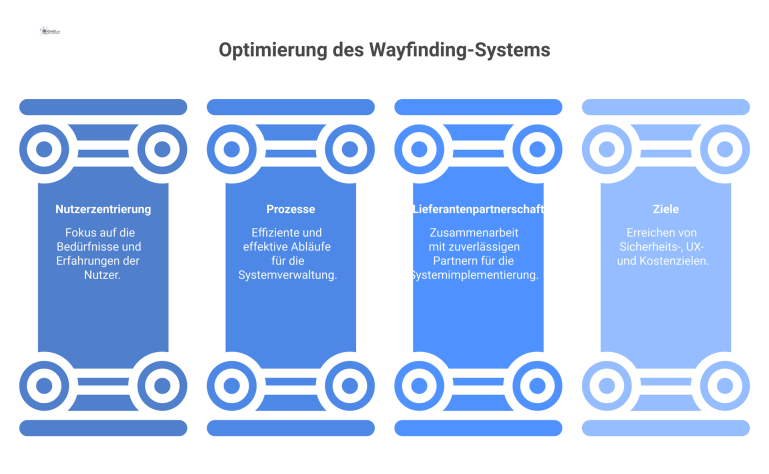 Roadmap zur kontinuierlichen Optimierung eines Wayfinding-Systems, basierend auf den vier Säulen Nutzerzentrierung, Prozesse, Lieferantenpartnerschaft und Ziele.