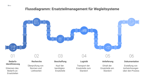 Ein Flussdiagramm, das den Prozess des Ersatzteilmanagements für Wegleitsysteme zeigt, von der Bedarfs-Identifizierung über die Beschaffung bis zur Dokumentation. 
