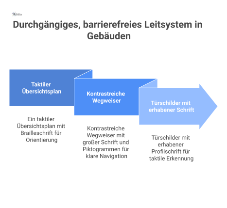 Infografik eines barrierefreien Leitsystems, das taktile Pläne, kontrastreiche Wegweiser mit Piktogrammen und Türschilder mit erhabener Profilschrift zeigt.