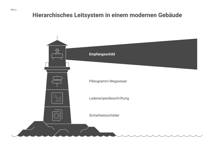 Infografik eines hierarchischen Leitsystems mit verschiedenen Schildertypen: Empfangsschild, Wegweiser, Laderampen-Beschriftung und normierte Sicherheitsschilder in einem modernen Gebäude. 