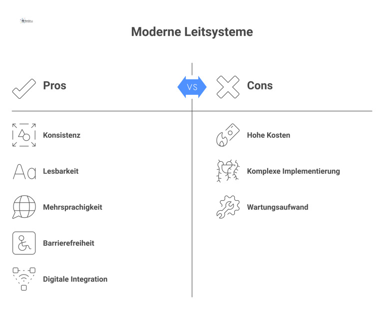 Anforderungen an moderne Leitsysteme Infografik, die Anforderungen an Leitsysteme in zwei Säulen gliedert: Gestaltung mit Icons für Konsistenz und Barrierefreiheit und Technik.