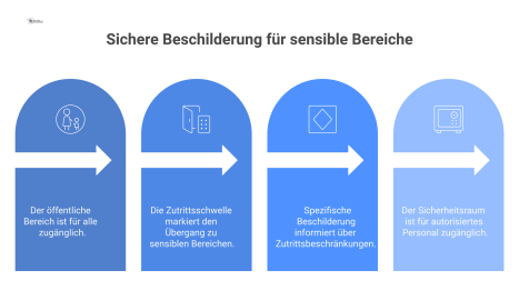  Infografik, die einen Pfad von einer öffentlichen Zone zu einem Sicherheitsraum zeigt, wobei die Beschilderung nach einer Zutrittsschwelle spezifischer wird.