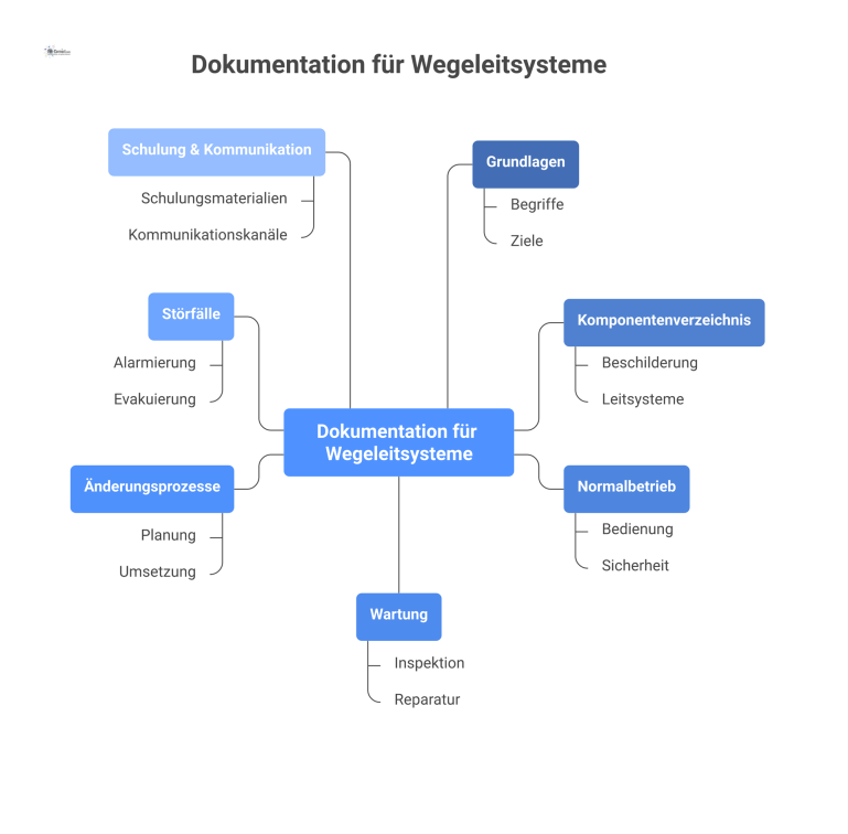 Strukturdiagramm als Mindmap zur Dokumentation für Wegeleitsysteme. Die sieben Hauptmodule wie Grundlagen, Wartung und Störfälle gehen vom Zentrum aus.