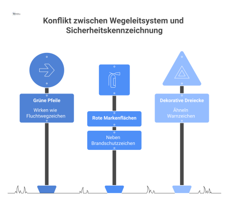 Infografik zu visuellen Konflikten zwischen Wegeleitsystem und Sicherheitskennzeichnung durch verwechselbare Pfeile, rote Flächen und dekorative Dreiecke, die Verwirrung stiften.