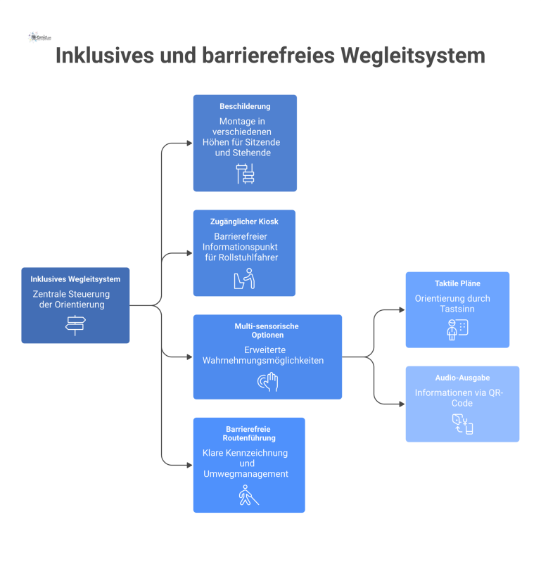 Inklusives und barrierefreies Wegleitsystem Infografik eines inklusiven Wegleitsystems mit Beschilderung in verschiedenen Höhen, taktilem Plan, Audio-Ausgabe und barrierefreiem Kiosk.