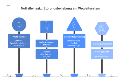 Infografik eines 24/7-Notfalleinsatzes, bei dem ein Servicetechniker professionell eine Störung an einem Wegleitsystem mit defekten Schildern behebt.