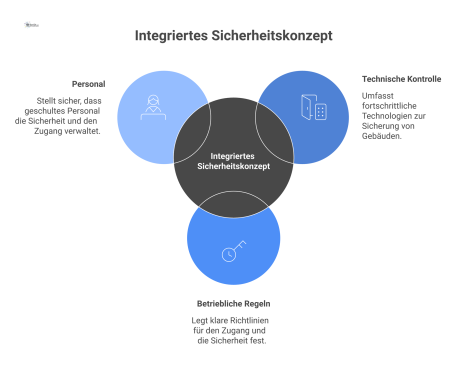 Konzeptdiagramm eines integrierten Sicherheitskonzepts mit zentraler Beschilderung, die mit technischer Kontrolle, betrieblichen Regeln und Personal interagiert.