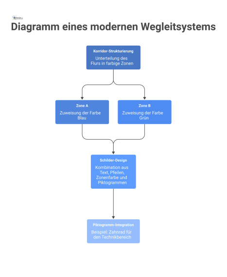Diagramm eines Wegleitsystems in einem Korridor, unterteilt durch farbige Linien in Zonen, mit Schildern, die Piktogramme, Pfeile und Text kombinieren.