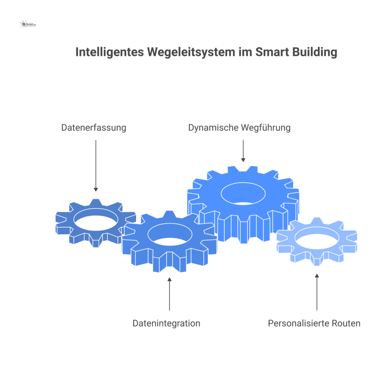 Intelligentes Wegeleitsystem im Smart Building Infografik eines intelligenten Wegeleitsystems, das Daten von Sensoren für dynamische Routen auf Touchscreens und mobilen Apps nutzt.