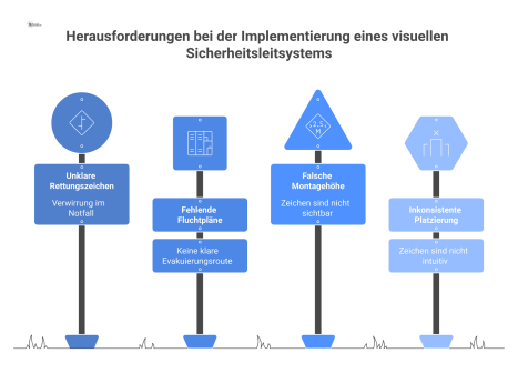 Infografik eines Flurs, die ein visuelles Sicherheitsleitsystem mit Rettungszeichen und Fluchtplänen nach ISO-Normen und deren korrekte Platzierung zeigt.
