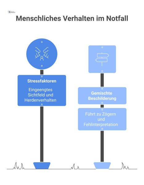 Diagramm über menschliches Verhalten im Notfall, das Stressfaktoren und die Gefahr gemischter Beschilderung zeigt, die Evakuierungen verzögert.