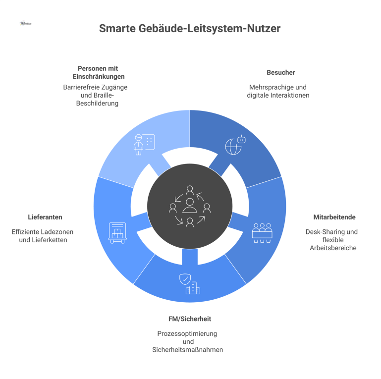 Ein Hub-and-Spoke-Diagramm mit dem smarten Leitsystem im Zentrum. Fünf Speichen verbinden es mit den Nutzergruppen Besucher, Mitarbeitende, FM/Sicherheit, Lieferanten und Personen mit Einschränkungen.