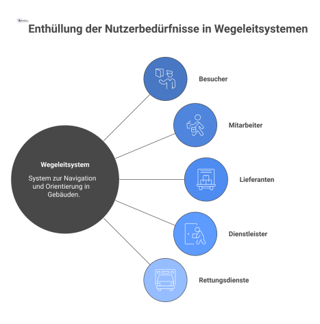 Hub-and-Spoke-Diagramm mit 'Orientierungssystem' im Zentrum, von dem fünf Pfade zu Nutzergruppen und ihren spezifischen Hauptanforderungen abgehen. 