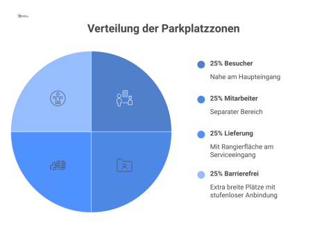 Infografik eines Parkplatzes aus der Vogelperspektive, unterteilt in die vier Zonen Besucher, Mitarbeiter, Lieferung und barrierefreie Plätze.