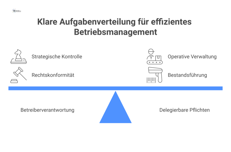 Zweispaltiges Diagramm zur Aufteilung von Pflichten: strategische Betreiberverantwortung und operativ delegierbare Pflichten im Betriebsmanagement.