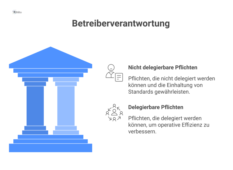  Infografik zur Betreiberverantwortung, die nicht delegierbare Pflichten wie Prüffristen und delegierbare Pflichten wie operative Prüfungen mit Icons visualisiert.