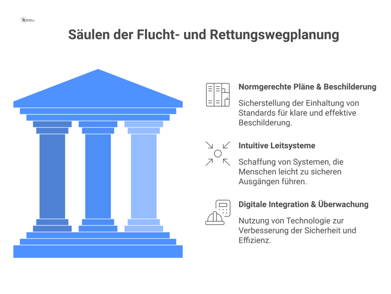 Säulendiagramm zu den drei Säulen des Notfallmanagements: normgerechte Pläne, intuitive Leitsysteme und digitale Integration zur sicheren Evakuierung