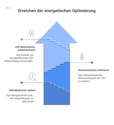  Hierarchisches Prozessdiagramm zur energetischen Optimierung, das von der Betriebskostensenkung über die Stromverbrauchsreduktion zur Umrüstung auf LED-Beleuchtung führt.