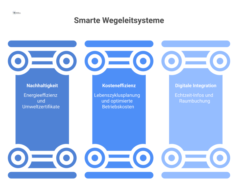 Infografik: Prozesse smarter Wegeleitsysteme Moderne Infografik über smarte Wegeleitsysteme, welche die drei Säulen Nachhaltigkeit, Kosteneffizienz und digitale Integration mit Icons veranschaulicht.