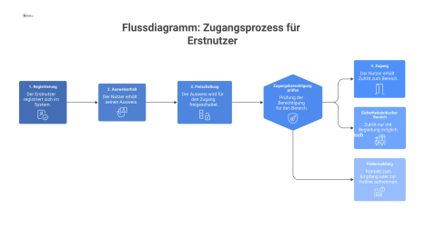 Flussdiagramm des Zugangsprozesses für Erstnutzer mit vier Hauptschritten und zwei Abzweigungen für sicherheitskritische Bereiche und Fehlermeldungen.