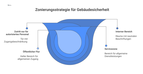 Diagramm einer Gebäudesicherheits-Zonierung mit einem öffentlichen Flur, einer Servicezone und einer Tür, die den Zugang zu einem internen Sicherheitsbereich begrenzt.