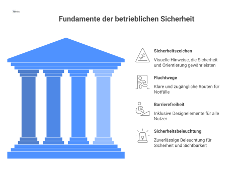Infografik eines Wegeleitsystems, das die vier Rechtsebenen Sicherheitszeichen, Fluchtwege, Barrierefreiheit und Sicherheitsbeleuchtung als ineinandergreifende Säulen darstellt.