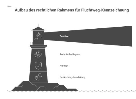 Hierarchie-Diagramm des rechtlichen Rahmens für Fluchtweg-Kennzeichnung, von Gesetzen über technische Regeln bis zu Normen, mit zentraler Gefährdungsbeurteilung.