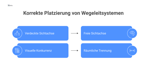 Infografik zeigt die falsche Platzierung eines Wegweisers, der ein Notausgangsschild verdeckt, gegenüber der richtigen, seitlich versetzten Anbringung.