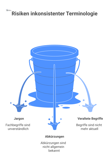 Infografik über die Risiken inkonsistenter Terminologie in Wegeleitsystemen, die von Problemen wie Jargon zu negativen Konsequenzen führen. 