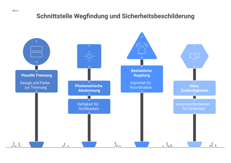 Diagramm der vier Kernprinzipien zur Konfliktvermeidung zwischen Wegfindungssystemen und Sicherheitsbeschilderung: visuelle Trennung, photometrische Abstimmung, betriebliche Kopplung, Zuständigkeiten.