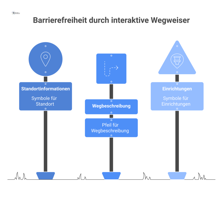Infografik eines interaktiven Wegweisers, den eine Person aktiviert. Eine Sprechblase zeigt Symbole für Standort, Wegbeschreibung und Einrichtungen. 