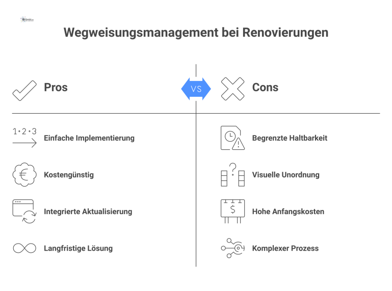 Infografik-Diagramm, das zwei Prozesse des Wegweisungsmanagements vergleicht: einen temporären mit Umleitungsschild und einen permanenten mit neuem Grundriss und Anzeigen.
