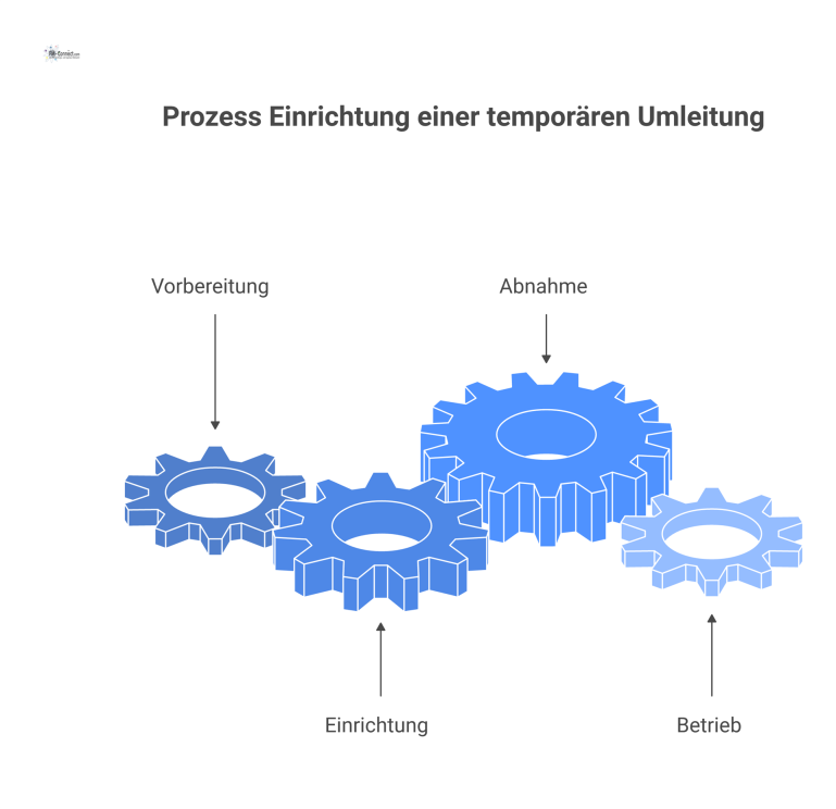 Prozess Einrichtung einer temporären Umleitung Horizontales Flussdiagramm des Prozesses zur Einrichtung einer temporären Umleitung in vier Phasen: Vorbereitung, Einrichtung, Abnahme und Betrieb.