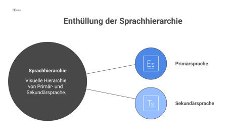  Infografik, die die visuelle Hierarchie zwischen dominanter Primärsprache (groß, fett) und untergeordneter Sekundärsprache (kleiner) verdeutlicht.