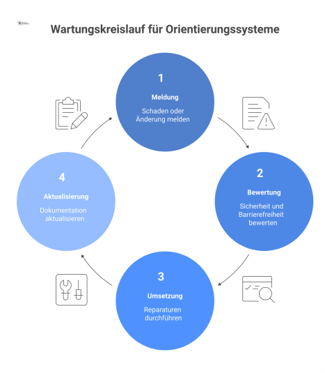 Flussdiagramm des wiederkehrenden Wartungskreislaufs für Orientierungssysteme mit den Schritten Meldung, Bewertung, Umsetzung und Aktualisierung der Dokumentation. 