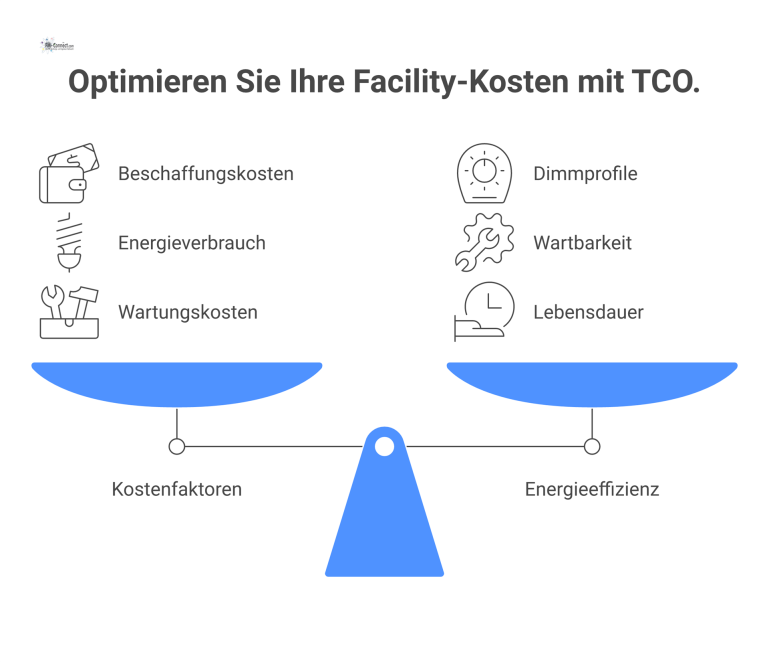 Diagramm einer Gesamtkostenanalyse mit den vier Kriterien: Kostenfaktoren, Energieeffizienz, Wartbarkeit und Lebensdauer sowie passenden Beispielen.