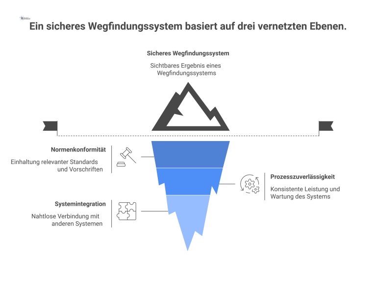  Infografik eines sicheren Wegfindungssystems, das aus drei Ebenen besteht: Normenkonformität, Prozesszuverlässigkeit und Systemintegration zur Erreichung von Rechtssicherheit. 
