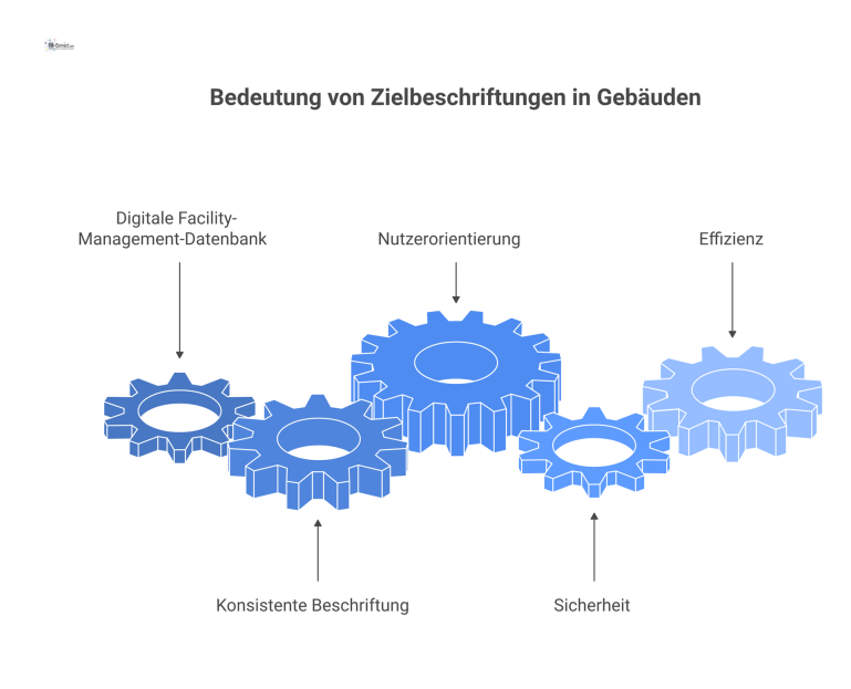 Bedeutung von Zielbeschriftungen in Gebäuden Infografik zur Verbindung zwischen einem digitalen Facility-Management-System und dem physischen Türschild zur Sicherung von Nutzerorientierung und Effizienz.