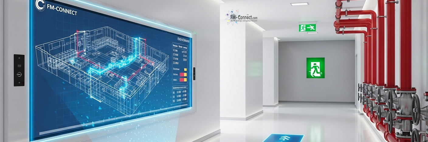 Digitales Wegeleitsystem im Flur mit Sprinklerleitung und Fluchtwegzeichen